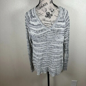 Eileen Fisher Blurred Marled Cotton Stripe V Neck Casual Sweater Size XL